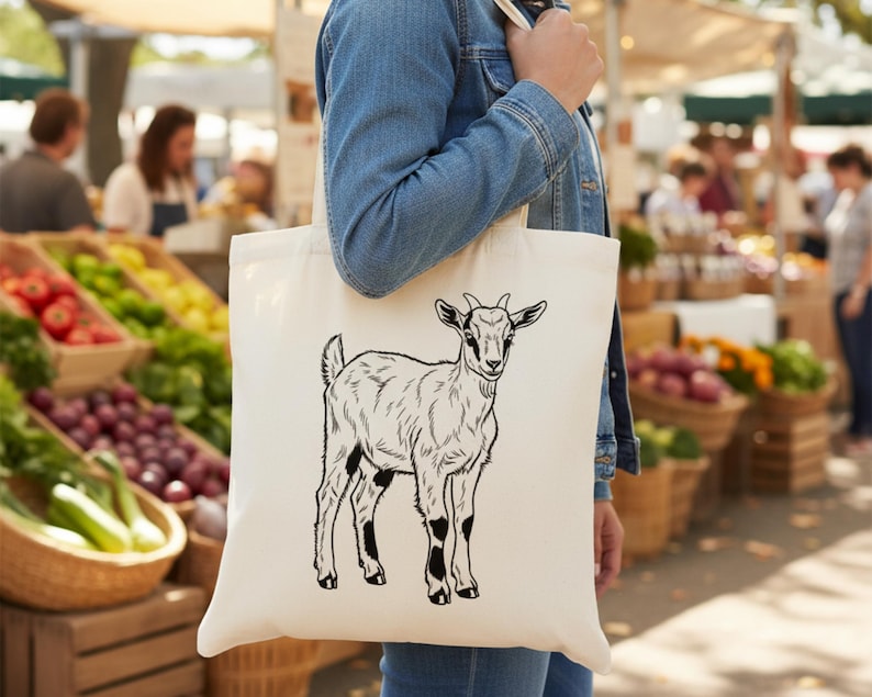 May include: A cream tote bag with a black and white goat illustration. The goat is depicted standing, with detailed fur and horns. The bag is held in front of a farmer's market, with fresh produce visible in the background.
