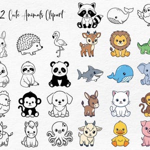 May include: A collection of 62 cute animal clipart illustrations. The images include a raccoon, whale, bird, rabbit, hedgehog, flamingo, deer, lion, alligator, shark, elephant, chicken, monkey, dog, donkey, cat, and more. The text "62 Cute Animals Clipart" is at the top.