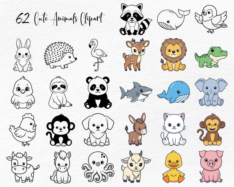 May include: A collection of 62 cute animal clipart illustrations. The images include a raccoon, whale, bird, rabbit, hedgehog, flamingo, deer, lion, alligator, shark, elephant, chicken, monkey, dog, donkey, cat, and more. The text "62 Cute Animals Clipart" is at the top.
