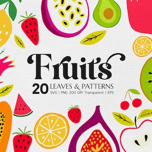 Clipart abstracto de frutas, arte de pared de cocina, impresión colorida, diseño de frutas exóticas, decoración de pared, sandía, limón, fresa, SVG dibujado a mano