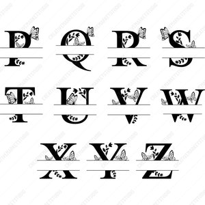 Może przedstawiać: Zestaw rozdzielonych liter monogramu z akcentami motyla i kwiat&oacute;w. Litery to P, Q, R, S, T, U, V, W, X, Y i Z. Każda litera jest podzielona na p&oacute;ł linią w środku. G&oacute;rna połowa litery ma wz&oacute;r motyla i kwiat&oacute;w. Dolna połowa litery jest gładka.