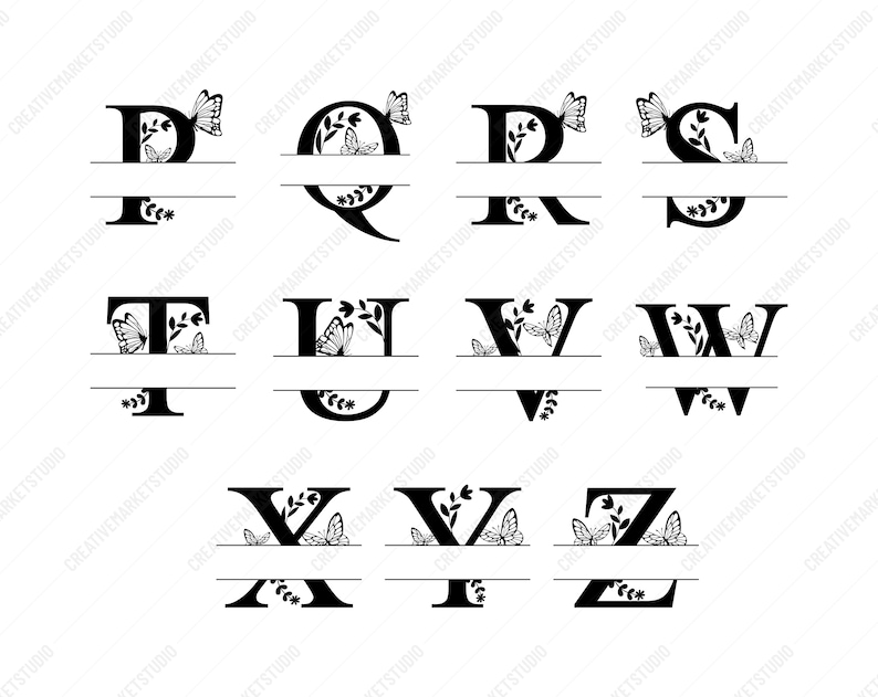Może przedstawiać: Zestaw rozdzielonych liter monogramu z akcentami motyla i kwiat&oacute;w. Litery to P, Q, R, S, T, U, V, W, X, Y i Z. Każda litera jest podzielona na p&oacute;ł linią w środku. G&oacute;rna połowa litery ma wz&oacute;r motyla i kwiat&oacute;w. Dolna połowa litery jest gładka.