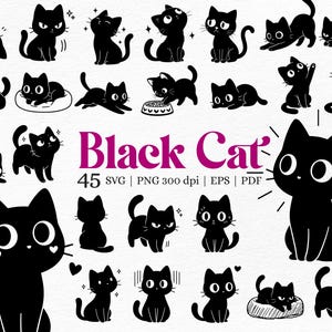Könnte beinhalten: Eine Sammlung von 45 Illustrationen schwarzer Katzen in verschiedenen Posen, wie Sitzen, Liegen und Spielen. Der Text "Black Cat" ist in Rosa gehalten, zusammen mit Informationen zum Dateityp. Verschiedene Katzendesigns sind abgebildet.