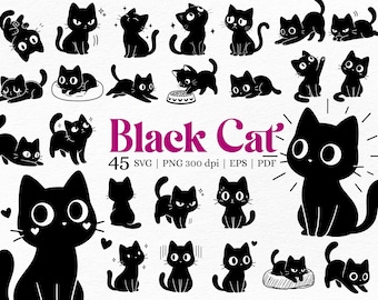 Kawaii schwarze Katze Clipart-Bundle - entzückende Kätzchen Illustrationen PNG SVG für digitales Basteln & Sublimation