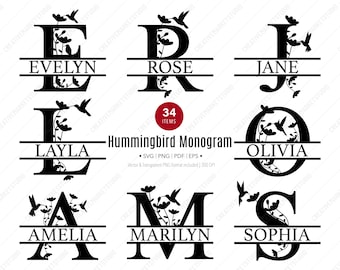 Zestaw SVG z rozdzielonym monogramem kolibra – Clipart z kwiatowymi literami PNG EPS na ślub i rękodzieło