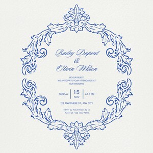 Puede incluir: Invitaci&oacute;n de boda con un marco floral azul. La invitaci&oacute;n incluye los nombres "Bailey Dupont & Olivia Wilson", la fecha, la hora y la informaci&oacute;n de RSVP. El texto est&aacute; en una fuente elegante, sobre un fondo blanco texturizado.