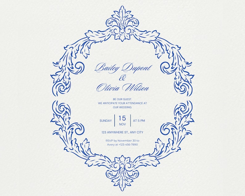 Puede incluir: Invitaci&oacute;n de boda con un marco floral azul. La invitaci&oacute;n incluye los nombres "Bailey Dupont & Olivia Wilson", la fecha, la hora y la informaci&oacute;n de RSVP. El texto est&aacute; en una fuente elegante, sobre un fondo blanco texturizado.
