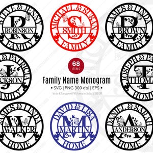 May include: Set of 9 black and white family name monogram designs with a butterfly and floral accents. Each design features a different letter and family name. The designs are perfect for creating personalized home decor, gifts, and more.