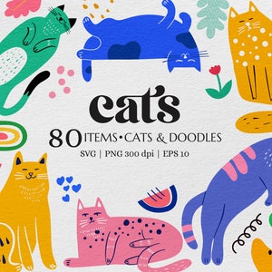 Cute Kitty Doodles and Floral, Kawaii Cat Clipart Bundle, Party Decorations, Hand-Drawn Animal Illustrations, Cartoon Pet Art SVG