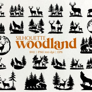 Silhouette des bois SVG, Clipart animaux de la forêt, art de la nature, téléchargement immédiat, cerf, loup, ours, design nature, projet d'artisanat