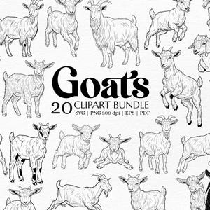 May include: A black and white clipart bundle featuring 20 goat illustrations. The word "Goats" is prominently displayed, with "20 CLIPART BUNDLE" underneath. The images show goats in different poses and styles.