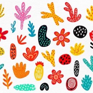 May include: A collection of colorful, hand-drawn floral and botanical illustrations. The designs feature various shapes and colors, including red, yellow, pink, and teal. The illustrations are arranged on a white background.