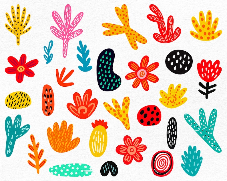May include: A collection of colorful, hand-drawn floral and botanical illustrations. The designs feature various shapes and colors, including red, yellow, pink, and teal. The illustrations are arranged on a white background.