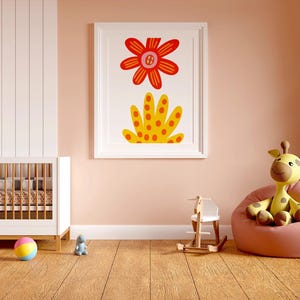 May include: A nursery scene with a white crib, a framed floral print, and a plush giraffe on a pink beanbag chair. A wooden rocking horse and a colorful ball are on the wooden floor. The room is painted in soft pink tones.