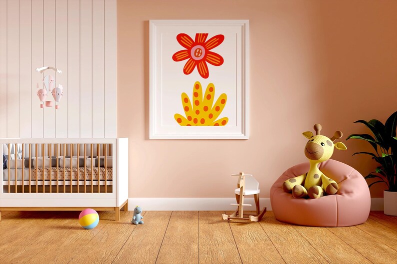 May include: A nursery scene with a white crib, a framed floral print, and a plush giraffe on a pink beanbag chair. A wooden rocking horse and a colorful ball are on the wooden floor. The room is painted in soft pink tones.