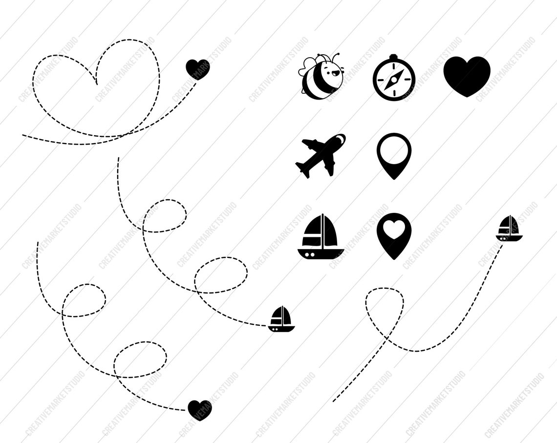 Dotted Line SVG – Doodle Paths With Hearts, Bees and Airplanes Path ...