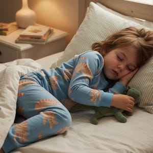 Pode incluir: Uma crian&ccedil;a dormindo em uma cama, usando um pijama azul claro com estampa de gato. A crian&ccedil;a est&aacute; segurando um dinossauro de pel&uacute;cia verde. Um travesseiro listrado e roupa de cama branca s&atilde;o vis&iacute;veis.