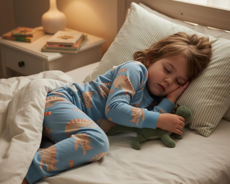 Pode incluir: Uma crian&ccedil;a dormindo em uma cama, usando um pijama azul claro com estampa de gato. A crian&ccedil;a est&aacute; segurando um dinossauro de pel&uacute;cia verde. Um travesseiro listrado e roupa de cama branca s&atilde;o vis&iacute;veis.