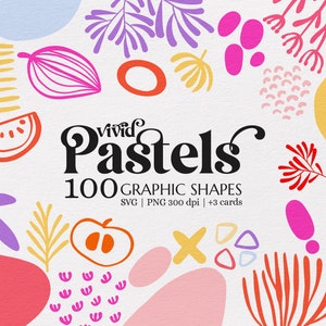 Paquete de formas gráficas abstractas, colores pasteles rosáceos intensos con formas vectoriales, patrones florales y de frutas, hojas, SVG minimalista moderno
