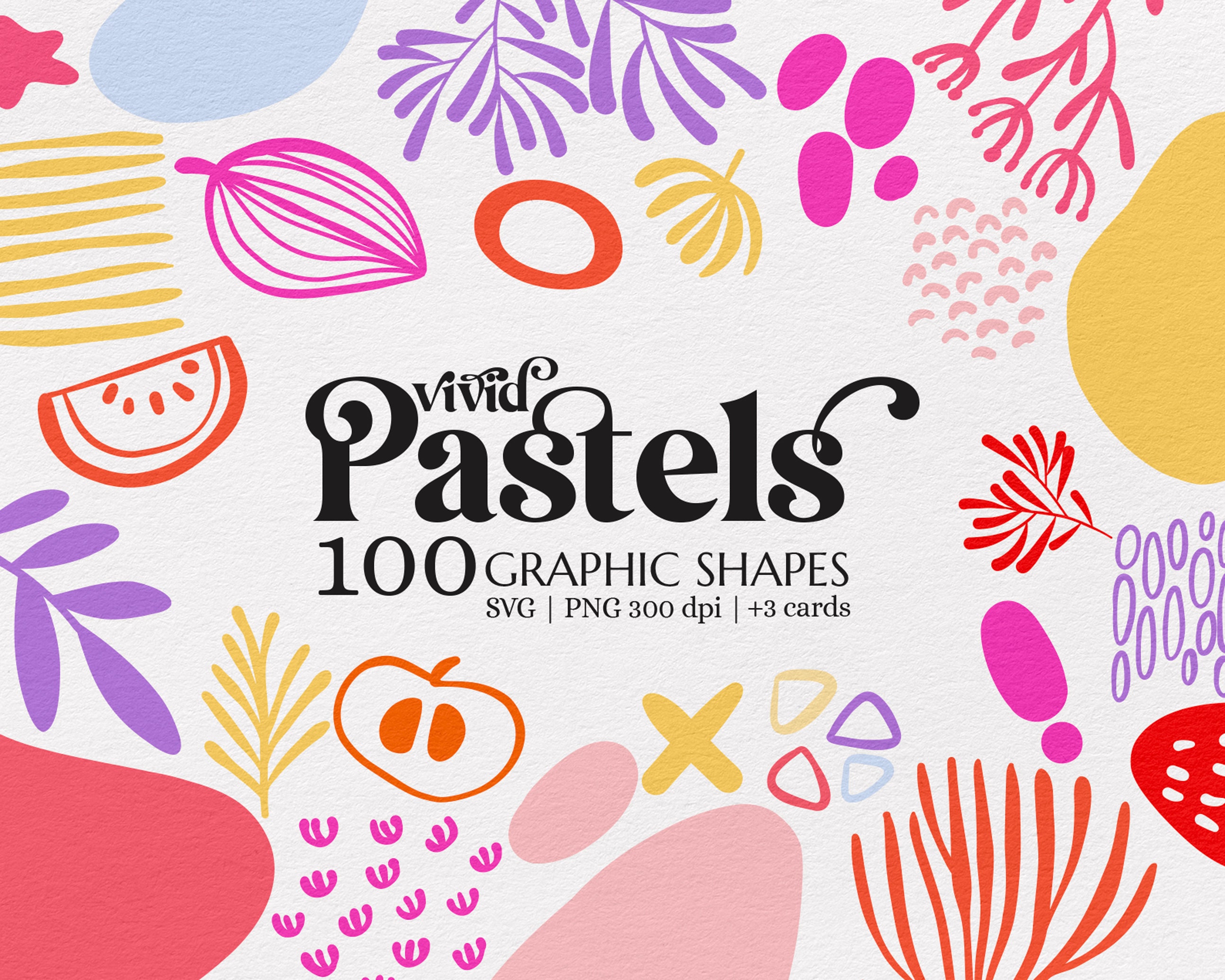 Abstrakte Grafiken Formen Bundle, rosa lebendige Pastellfarbe mit Vektorformen, Blumen, Obst-Muster, Blätter, moderne minimalistisch SVG
