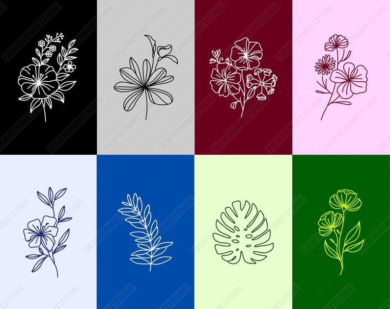 May include: A set of eight line art floral and leaf illustrations in various colors. The illustrations include flowers, leaves, and a monstera leaf.