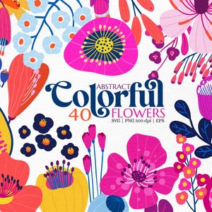 Clipart SVG fleurs abstraites colorées, fleurs dessinées à la main pour cartes, invitations, emballages, autocollants, textile, produits à imprimer et art mural