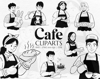 Hand-Drawn Cafe Clipart Bundle – Barista Coffee SVG PNG for Crafts and Cafe Decor