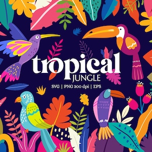 Kleurrijke tropische vogels en bladeren clipartset, exotische jungle bloemen SVG, levendige natuurelementen, Boho Wildlife Graphics voor sublimatie