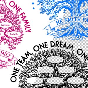 Pu&ograve; includere: Un design di albero genealogico rosa e bianco con il testo "One Family" e "Smith Family". L'albero ha rami con nomi come "James", "Charlotte", "William", "Emma", "Sophia" e "Isabella".