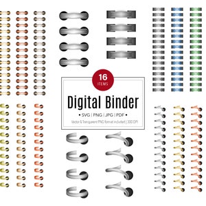 Anéis de fichário realistas para planejadores digitais Ouro Prata Platina Ouro Rosa PNGs transparentes para planejadores e diários digitais