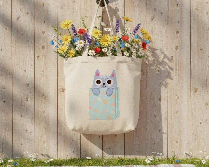 Pode incluir: Uma sacola creme com um desenho de gato em um design de bolso, cheia de flores coloridas. O gato &eacute; azul claro com olhos grandes. O bolso &eacute; azul claro com cora&ccedil;&otilde;es rosa. A sacola est&aacute; pendurada em uma parede de madeira.