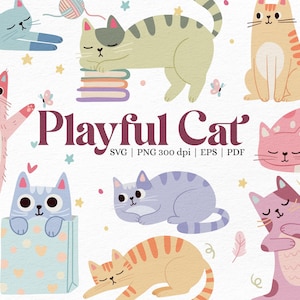 Pode incluir: Ilustra&ccedil;&otilde;es de gatos brincalh&otilde;es em v&aacute;rias poses e cores, incluindo azul, rosa, laranja e cinza. A frase "Playful Cat" &eacute; exibida em uma fonte decorativa, com elementos como borboletas e estrelas.