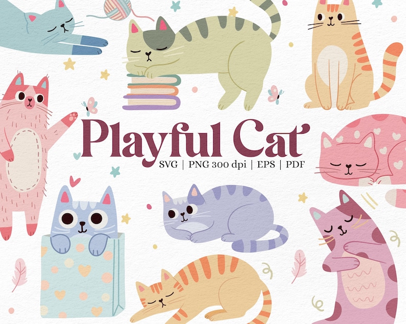 Pode incluir: Ilustra&ccedil;&otilde;es de gatos brincalh&otilde;es em v&aacute;rias poses e cores, incluindo azul, rosa, laranja e cinza. A frase "Playful Cat" &eacute; exibida em uma fonte decorativa, com elementos como borboletas e estrelas.