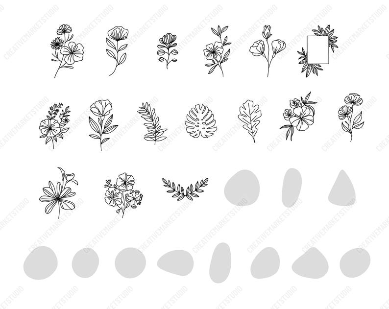 May include: A set of 25 black and white line art illustrations of flowers, leaves, and geometric shapes. The illustrations are perfect for creating digital or physical designs.