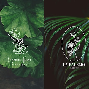 May include: Two green leaf designs with white line drawings of flowers and branches. The first design says "Organics House Natural" and the second design says "La Palemo Grand Hotel".