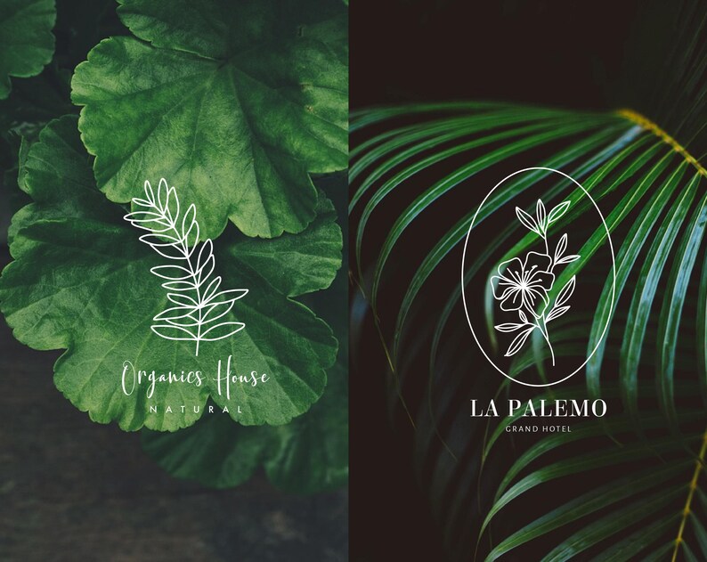 May include: Two green leaf designs with white line drawings of flowers and branches. The first design says "Organics House Natural" and the second design says "La Palemo Grand Hotel".