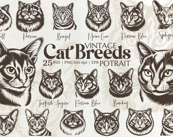 Vintage Cat Breeds Portrait SVG Bundle – Pet Face Clipart for Crafts, Shirts and Stickers