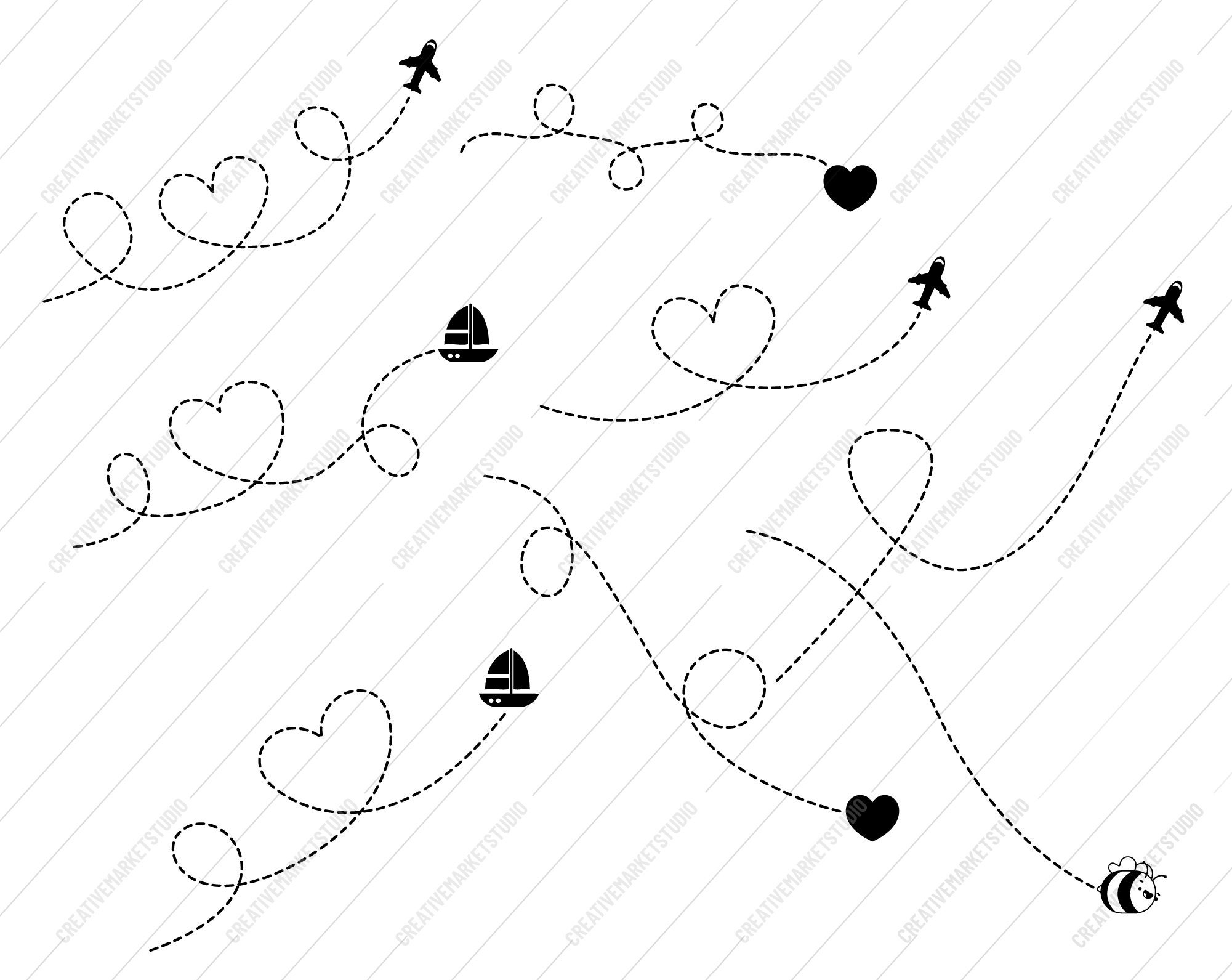 Dotted Line SVG – Doodle Paths With Hearts, Bees and Airplanes Path ...