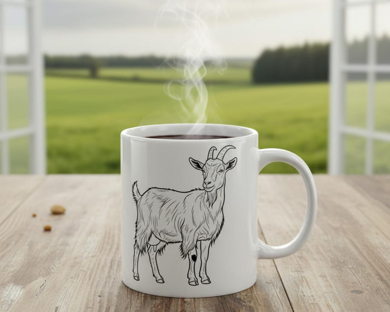 May include: White ceramic mug with a black and white goat illustration. The mug holds a dark liquid, with steam rising. The mug sits on a wooden surface, with a green field visible through a window in the background.