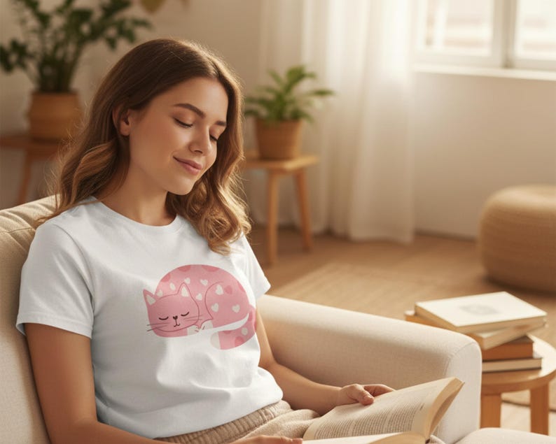 Pode incluir: Camiseta branca com um desenho de gato rosa com cora&ccedil;&otilde;es. O gato est&aacute; enrolado e dormindo. A pessoa usa a camiseta em um sof&aacute; bege, lendo um livro. O tema geral &eacute; casual e aconchegante.
