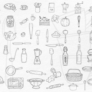 K&ouml;nnte beinhalten: Schwarz-Wei&szlig;-Illustration verschiedener K&uuml;chen- und Lebensmittelartikel. Enth&auml;lt eine Teekanne, eine Kaffeetasse, einen K&uuml;rbis, einen Milchkarton, einen Mixer, ein Nudelholz und mehr.