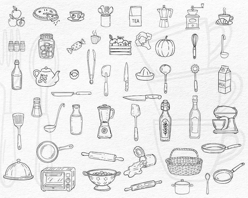 K&ouml;nnte beinhalten: Schwarz-Wei&szlig;-Illustration verschiedener K&uuml;chen- und Lebensmittelartikel. Enth&auml;lt eine Teekanne, eine Kaffeetasse, einen K&uuml;rbis, einen Milchkarton, einen Mixer, ein Nudelholz und mehr.