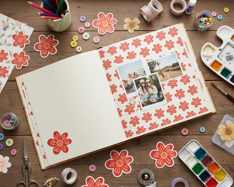 May include: An open scrapbook with floral patterned pages and photos, surrounded by craft supplies like colored pencils, buttons, washi tape, and watercolor paints. Decorative flower stickers are scattered around the scrapbook.