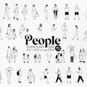 Puede incluir: Conjunto de 40 ilustraciones en blanco y negro que representan a personas en la vida cotidiana. Las imágenes muestran a personas caminando, comprando, usando teléfonos e interactuando. La palabra "People" se muestra en una fuente grande y estilizada.