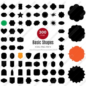 May include: A set of 300 basic shapes in black, including stars, hearts, circles, squares, and more. The shapes are perfect for creating logos, icons, and other designs. The image also includes the text "Basic Shapes" and "300 Items".