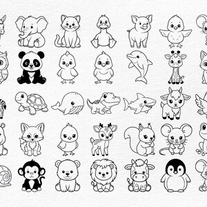 May include: Black and white line art illustrations of various animals, including a donkey, elephant, cat, duckling, pig, bird, mouse, owl, panda, chick, dolphin, giraffe, fox, zebra, turtle, whale, dinosaur, shark, goat, and more.