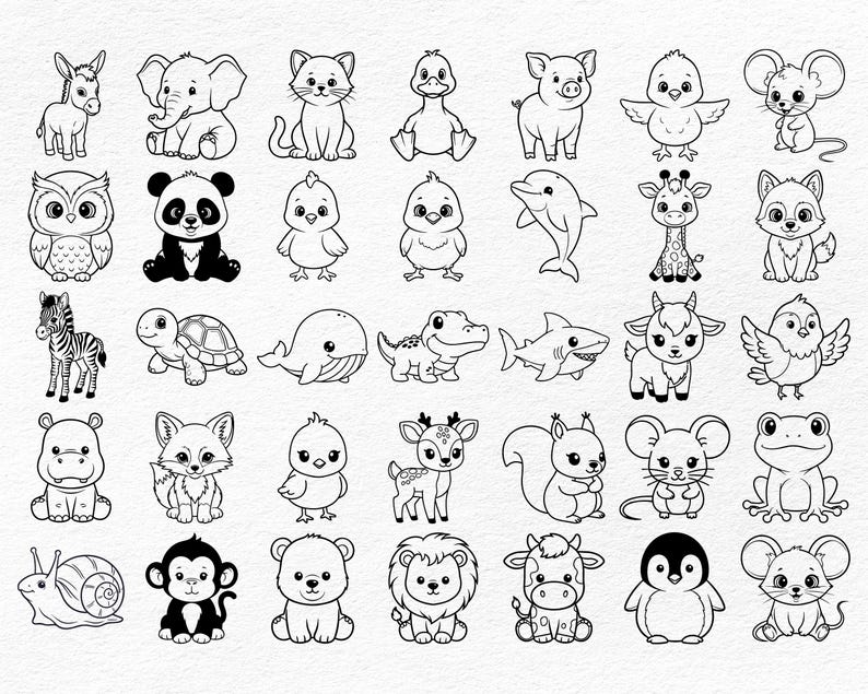 May include: Black and white line art illustrations of various animals, including a donkey, elephant, cat, duckling, pig, bird, mouse, owl, panda, chick, dolphin, giraffe, fox, zebra, turtle, whale, dinosaur, shark, goat, and more.