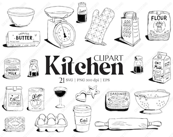 Può includere: Un set di illustrazioni clipart in bianco e nero di articoli da cucina, tra cui una bilancia, una grattugia, una ciotola per mescolare, un mattarello, uno scolapasta, una lattina di sardine, una lattina di olive, una lattina di latte condensato, una lattina di chicchi di caffè, una scatola di uova, un barattolo di sale, un barattolo di pepe, una confezione di latte d'avena, un sacchetto di farina, un barattolo di cannella, una tazza da caffè, uno stampino per biscotti a forma di cuore, uno stampino per biscotti a forma di stella, un contenitore di burro, un biscotto alla crema di custard e un guanto da forno.