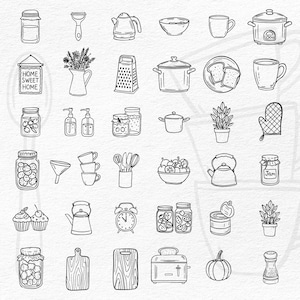 K&ouml;nnte beinhalten: Eine Sammlung handgezeichneter K&uuml;chenillustrationen in Schwarzwei&szlig;. Die Bilder zeigen Gl&auml;ser, Teekannen, Waagen, eine Reibe, ein Schneidebrett, einen Toaster und andere K&uuml;chenutensilien. Der Stil ist einfach und f&uuml;r verschiedene Bastelprojekte geeignet.
