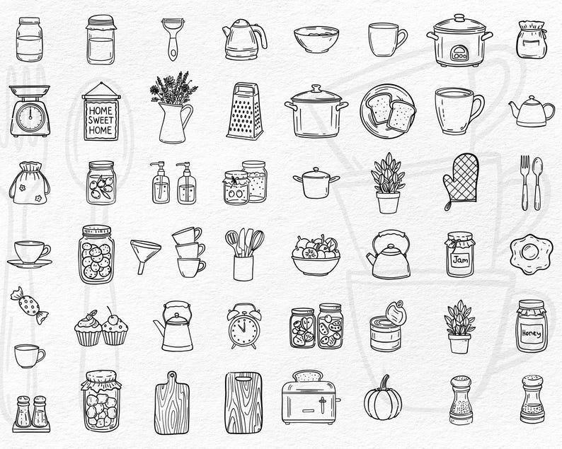 K&ouml;nnte beinhalten: Eine Sammlung handgezeichneter K&uuml;chenillustrationen in Schwarzwei&szlig;. Die Bilder zeigen Gl&auml;ser, Teekannen, Waagen, eine Reibe, ein Schneidebrett, einen Toaster und andere K&uuml;chenutensilien. Der Stil ist einfach und f&uuml;r verschiedene Bastelprojekte geeignet.
